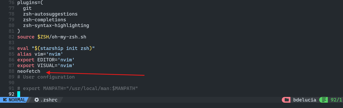 .zshrc with neofetch added at the end of the file