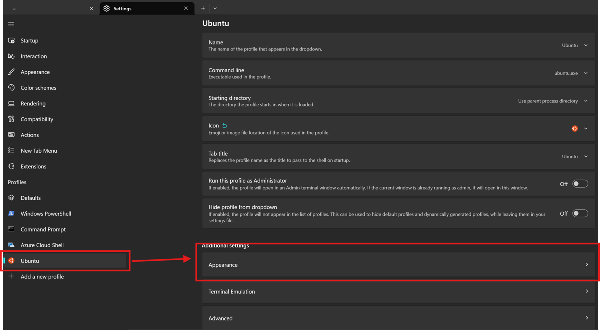 Windows Terminal Ubuntu Appearance settings panel