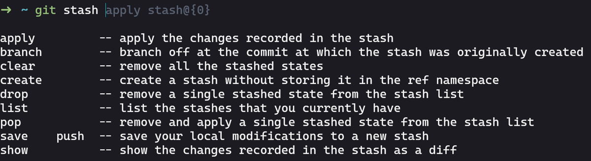 zsh completions menu for git stash options after pressing Tab