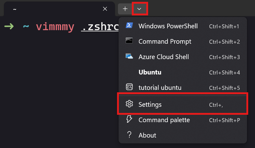 Windows Terminal settings menu opened from the tab chevron