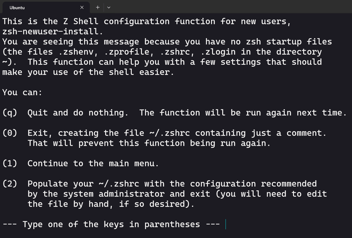 Terminal prompt asking to configure a new .zshrc file