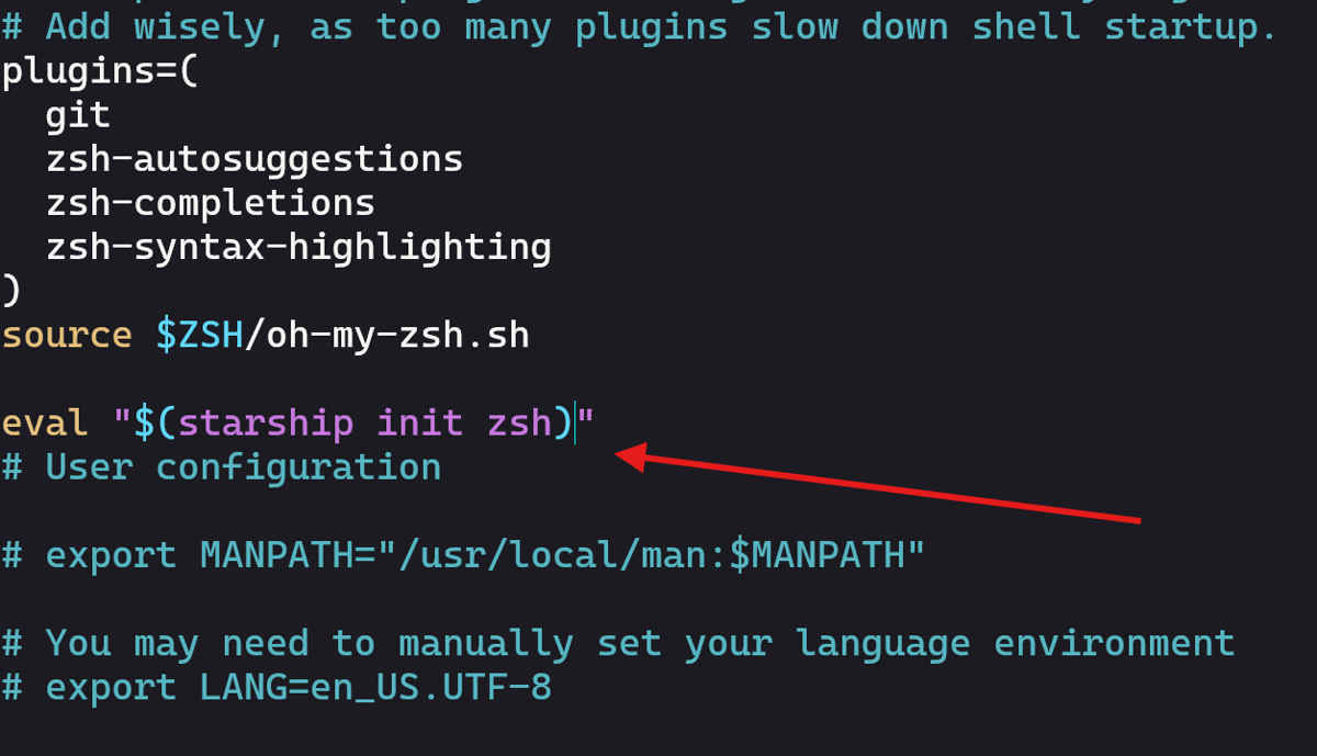 .zshrc with starship init zsh eval line at the end