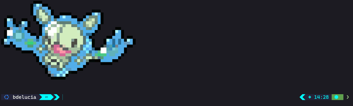 Terminal startup showing a shiny Reuniclus pokemon colorscript